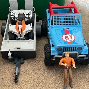 Bruder Jeep, trailor, 4 wheeler and bruder man. Bruder brand for all.